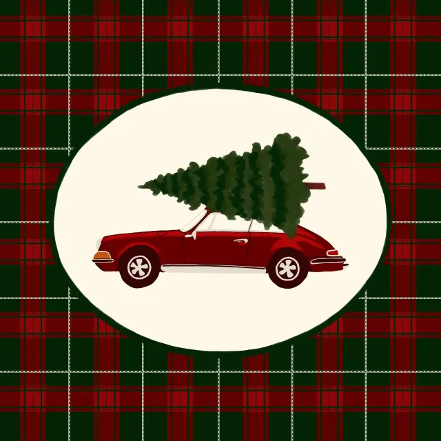 Sitzkissen Retro Car With Christmas Tree On Plaid