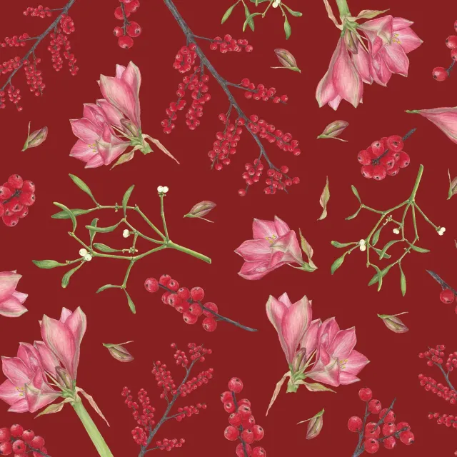 Kissen Ilexbeeren Amaryllis rosa-rot auf weinrot
