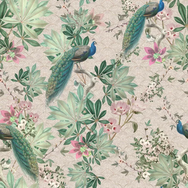 Kissen Barock Pfauen Paradies Beige