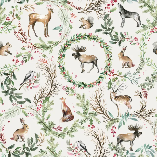 Kissen Weihnachten Toile Woodland Animals Rentier Wreath Botanical