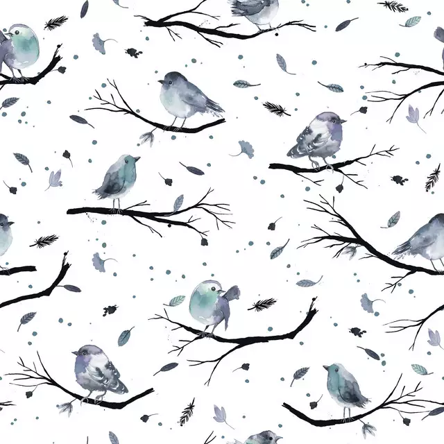 Bodenkissen Winter Bird Branches White