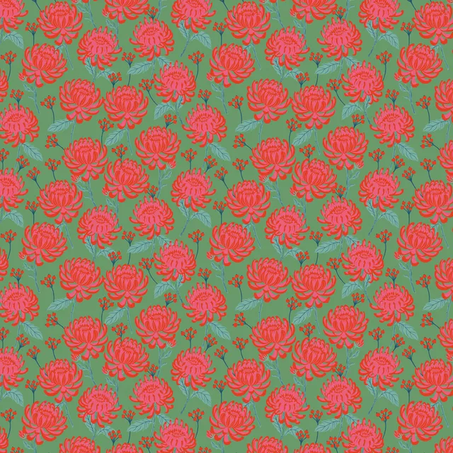 Kissen Chrysanthemen Grün Rot