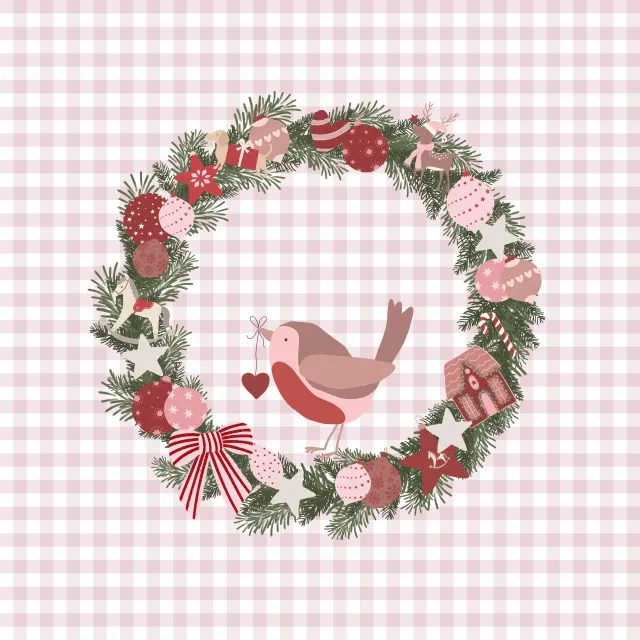 Kissen Rotkehlchen im Kranz auf Rosa Karo