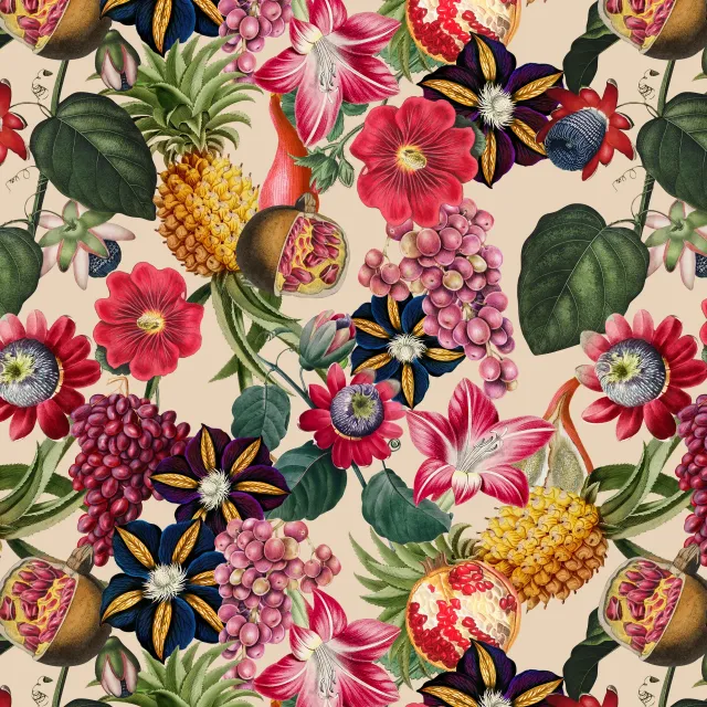 Kissen Tropenblüten & Früchte beige