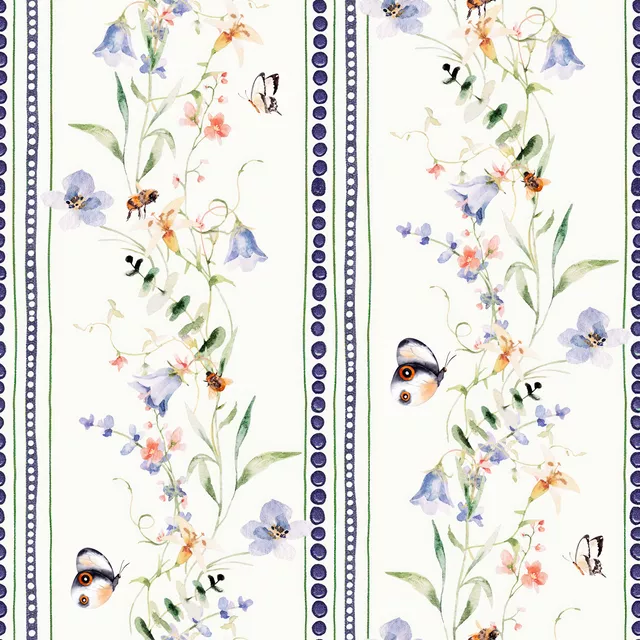 Kissen Blumenranken Streifen Blau