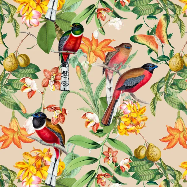 Kissen Bunte tropische Vögel beige