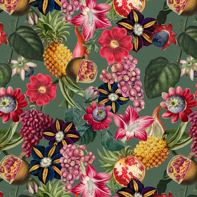 Kissen Tropenblüten & Früchte grün