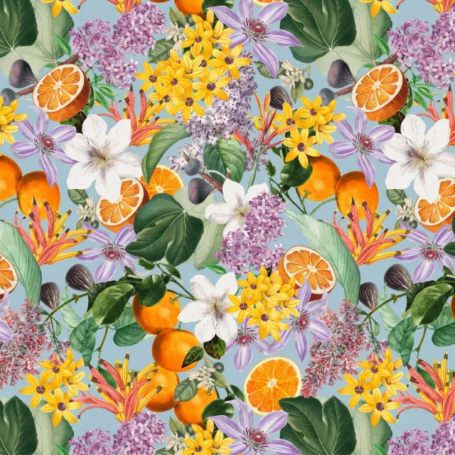 Kissen Orangen im Blütenmeer blau