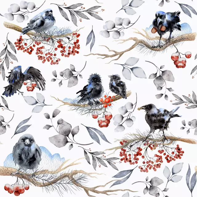 Kissen Winter Raben Vögel