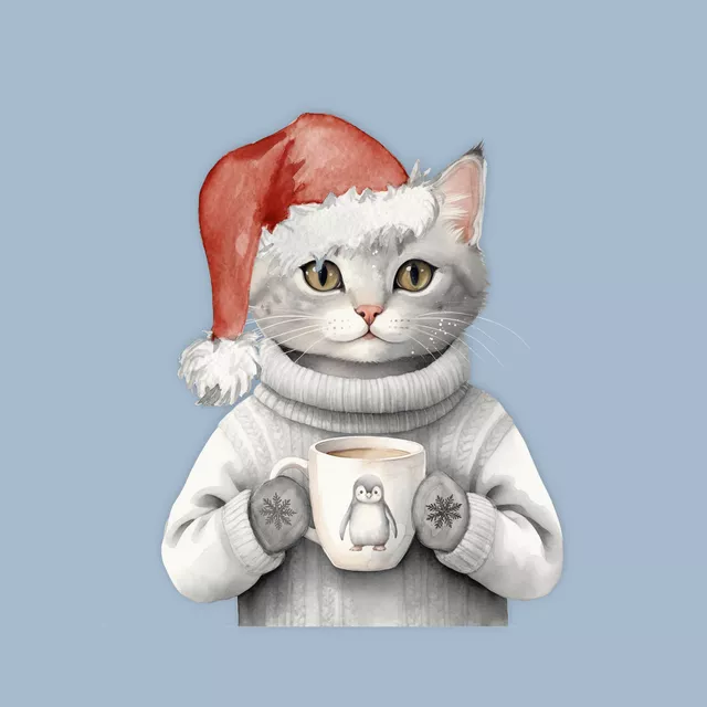 Kissen Winter Party - Katze mit Tasse