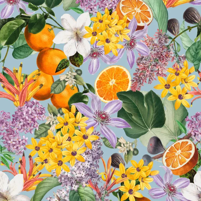 Tischdecke Orangen im Blütenmeer blau