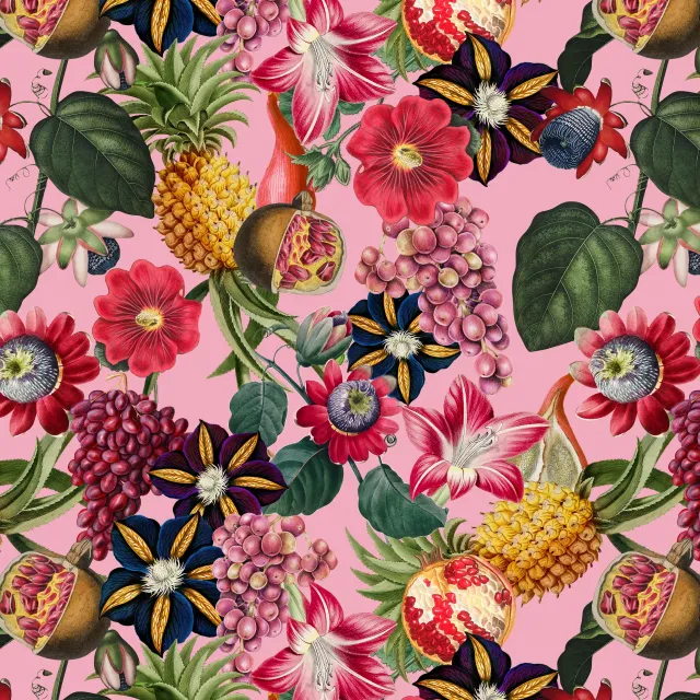 Kissen Tropenblüten & Früchte pink