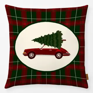 Kissen Retro Car With Christmas Tree On Plaid