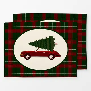 Tischset Retro Car With Christmas Tree On Plaid