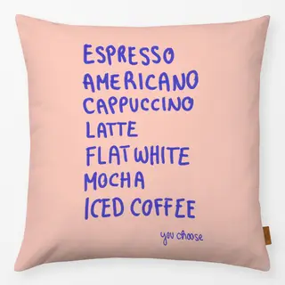 Kissen Coffee Menü blau auf koralle