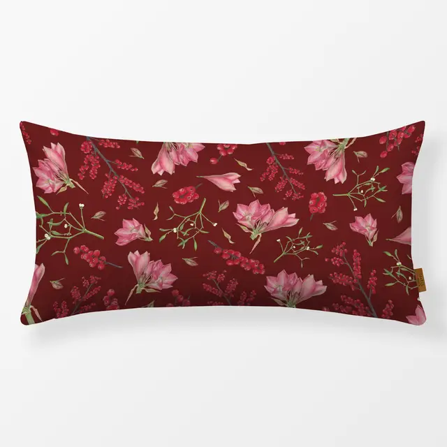 Kissen Ilexbeeren Amaryllis rosa-rot auf dunkelrot