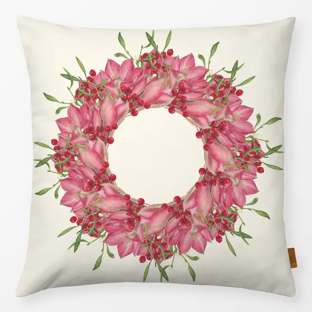 Kissen Amarylliskranz mit Ilexbeeren und Mistelzweigen rosa-rot auf creme-weiss