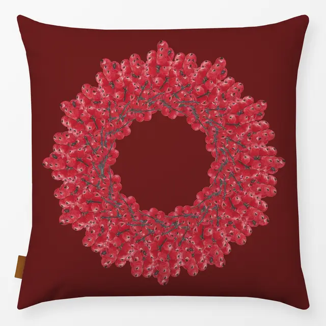 Kissen Weihnachtskranz - rote Ilexzweige - Aquarell dunkelrot