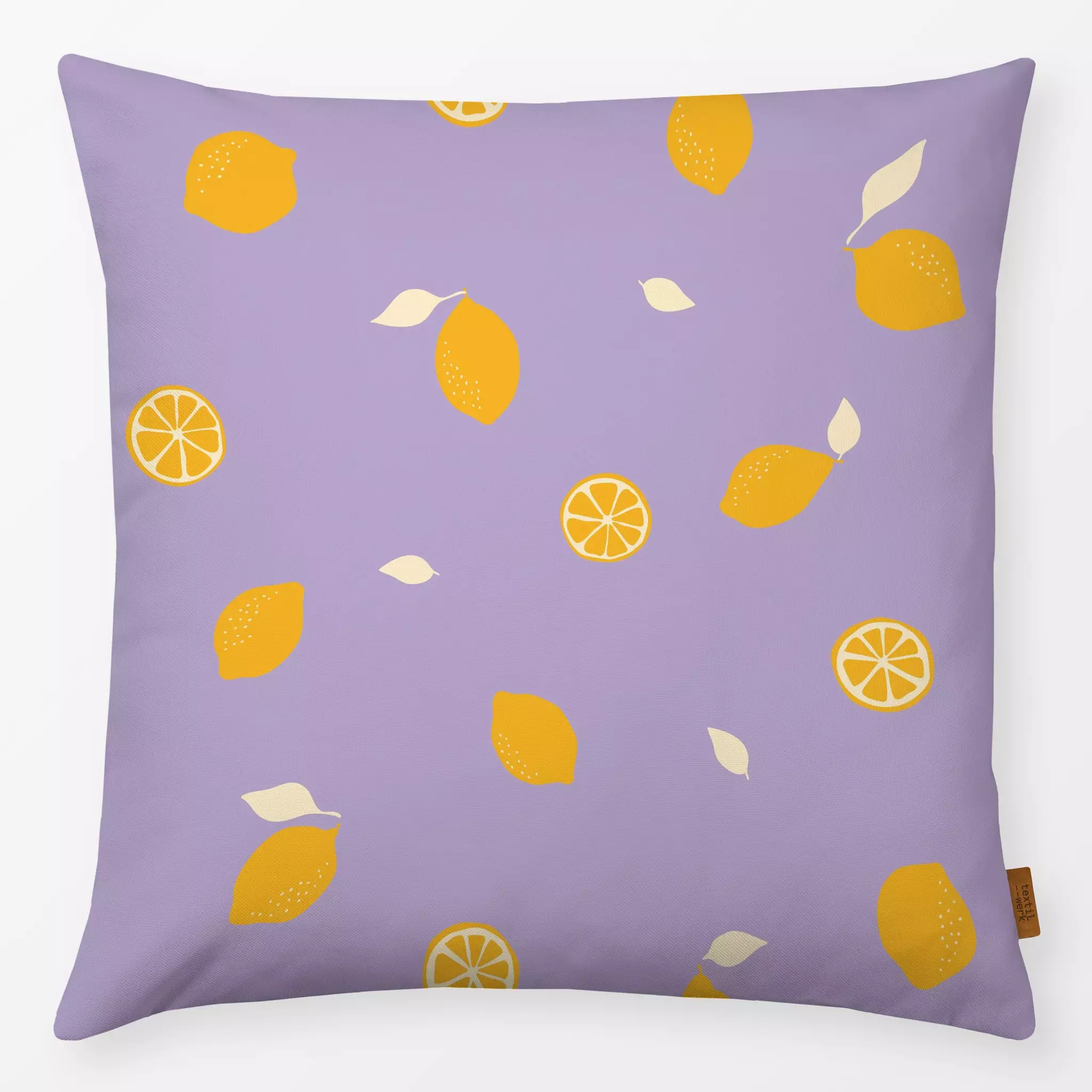 Kissen Zitronen Muster gelb lila - Sommer, Symbole & Muster, Früchte - von „Carolin Vonhoff"; Obst, Garten, Limonade, Frücht...