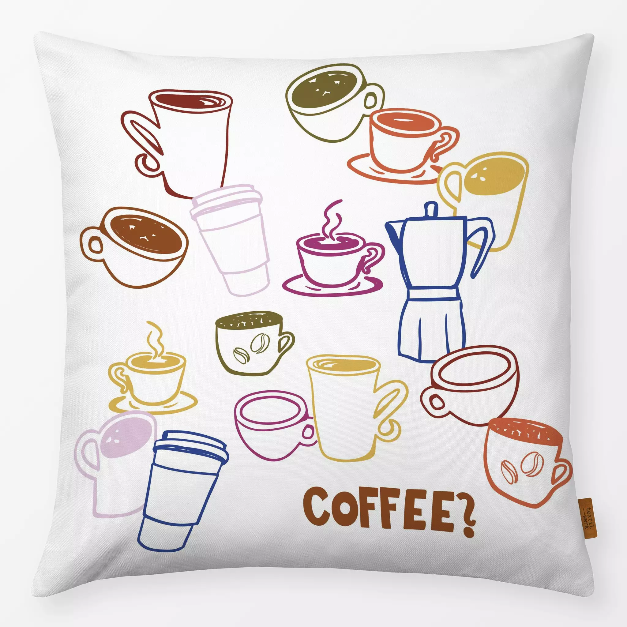 Kissen Coffe Mugs placed - Küche, Essen & Trinken - von „Verena Klöpper"; Zeichnung, Kissen, Kaffee, Geschenk, senfgelb, Cof...