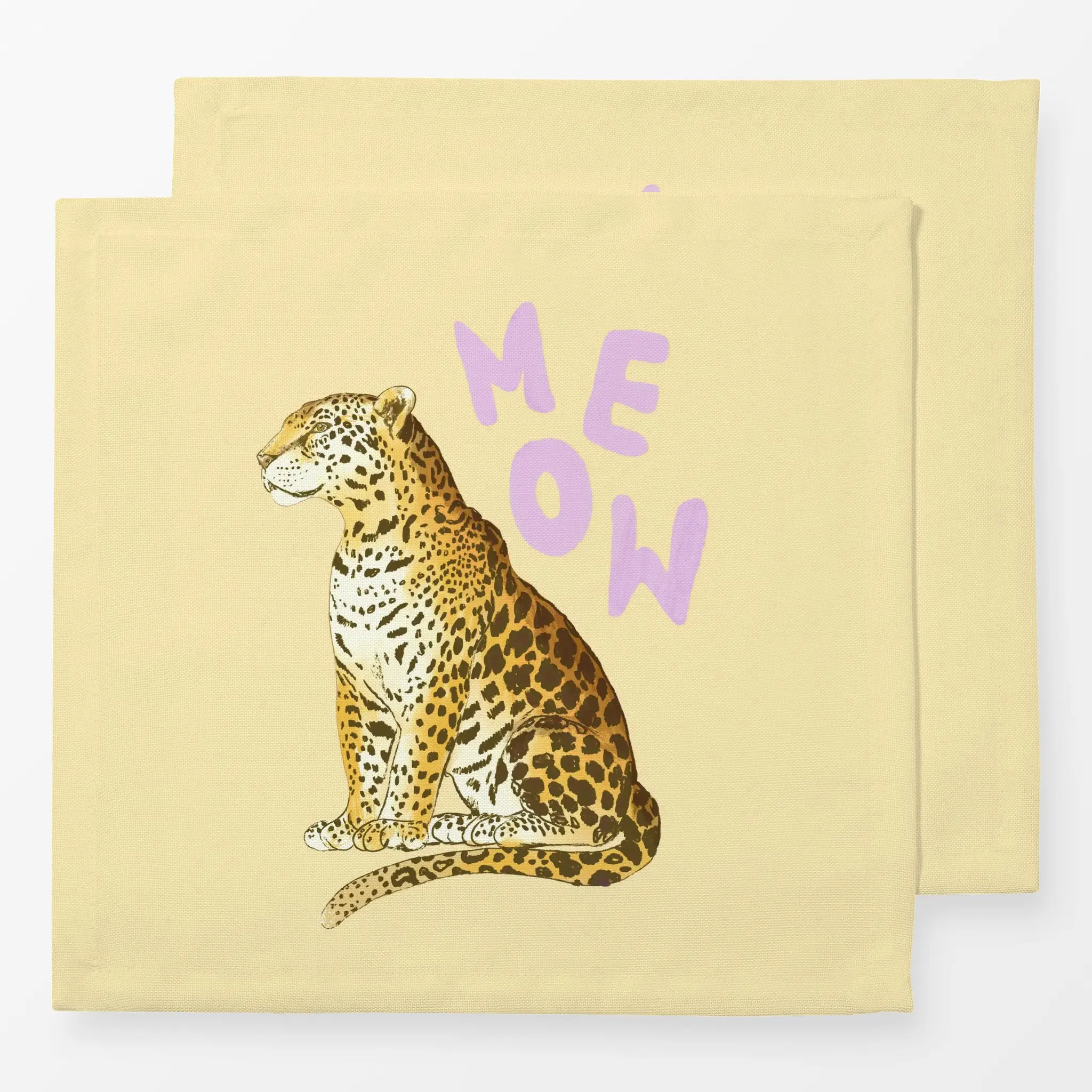 Servietten Meow Leopard - Frühling, Tiere, Sprüche & Schriftzüge - von „Studio Dolci"; gelb, Leopard, lila, braun, Fruehling...