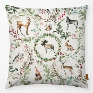 Kissen Weihnachten Toile Woodland Animals Rentier Wreath Botanical