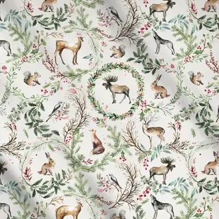 Meterware Weihnachten Toile Woodland Animals Rentier Wreath Botanical