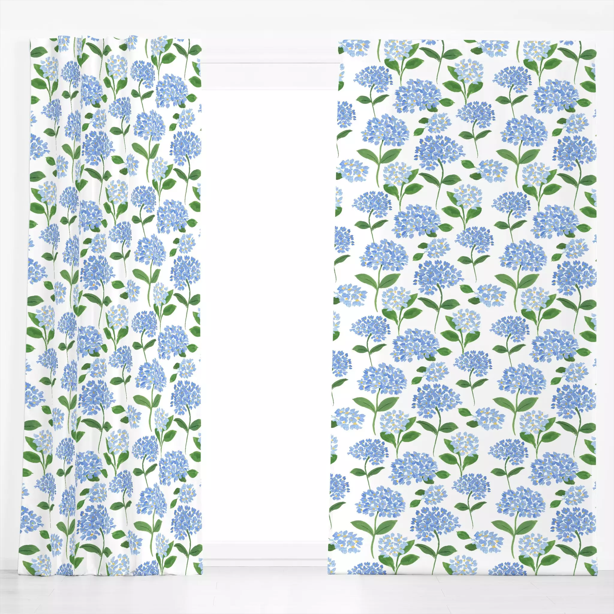 Dekovorhang Blue Hydrangeas - Blumen & Florales - von „Disha Sharma"; Aquarell, Natur, Blüten, blau