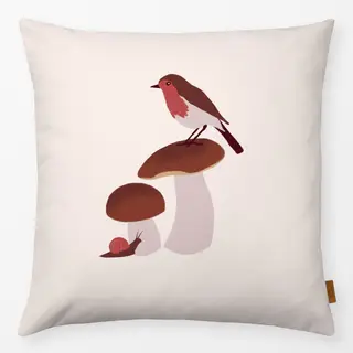 Kissen Steinpilze mit Vogel Beige