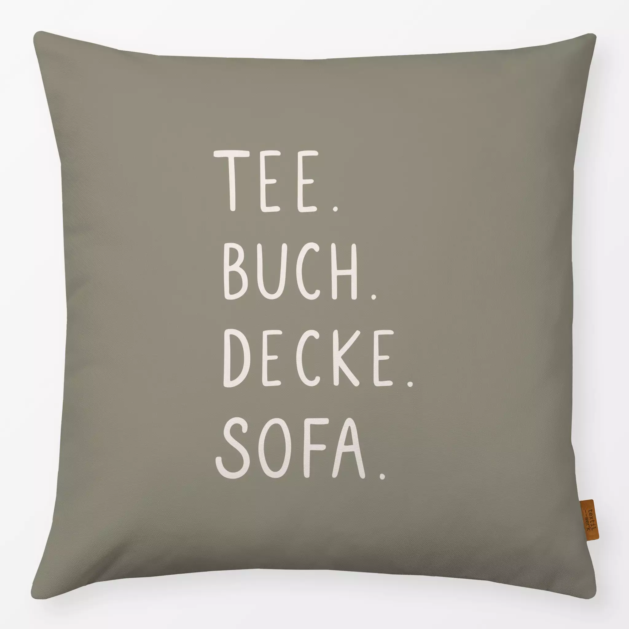 Kissen Tee Buch Decke Sofa Grün - Herbst, Sprüche & Schriftzüge - von „Kathrin Woo"; minimal, modern, typografie, Spruchkiss...