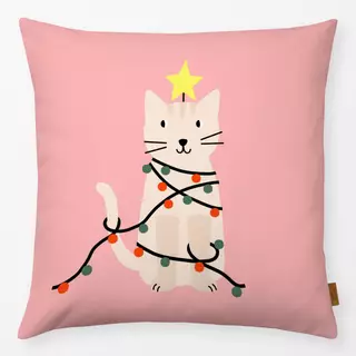 Kissen Katze mit Lichterkette rosa