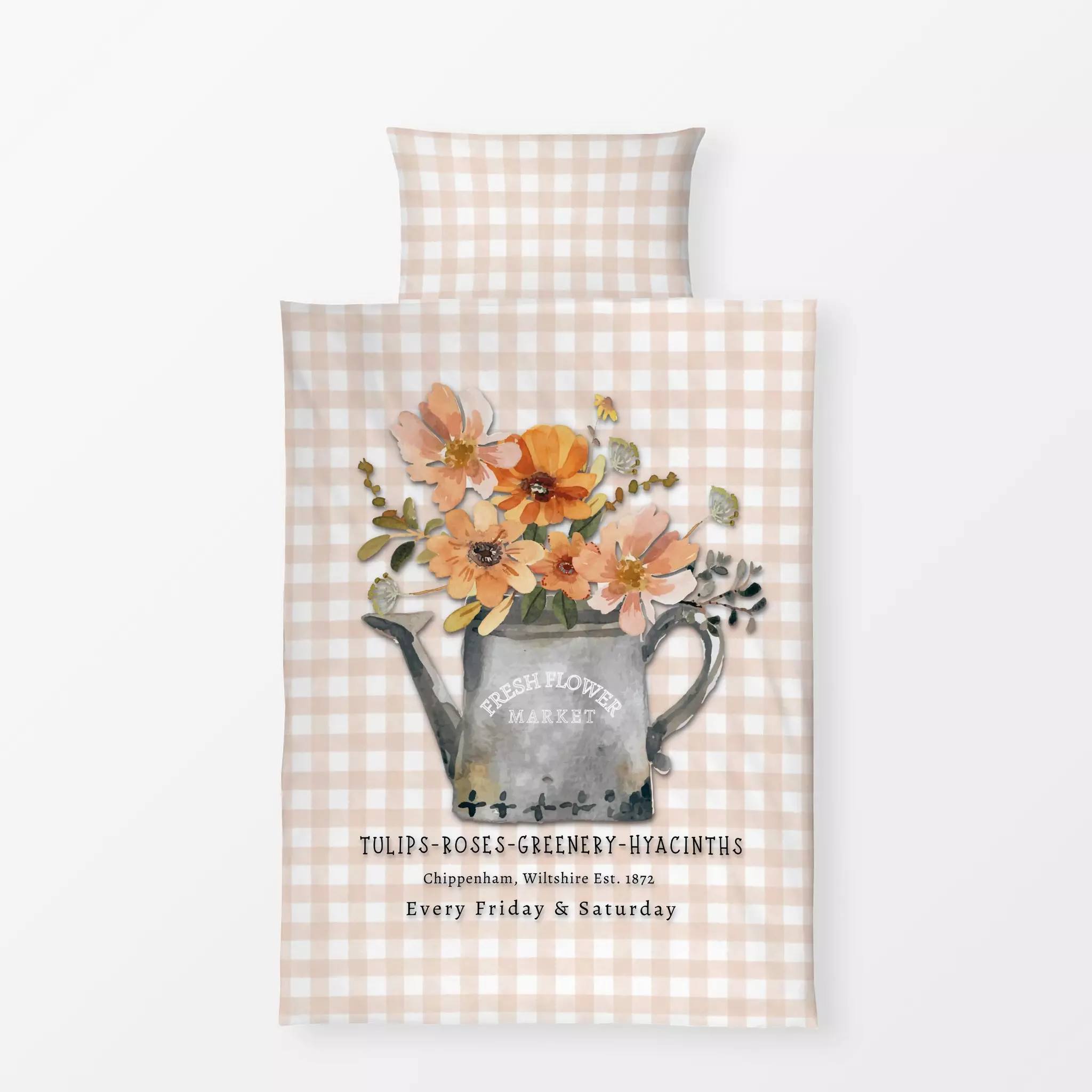 Bettwäsche Vichy Milchkanne Blumen - Blumen & Florales, Sprüche & Schriftzüge, Retro & Vintage - von „Monika Strigel"; Garte...