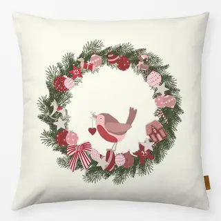 Kissen Rotkehlchen im Kranz  Offwhite Creme