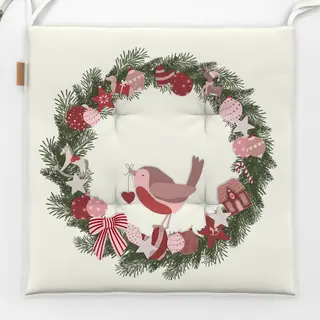 Sitzkissen Rotkehlchen im Kranz  Offwhite Creme