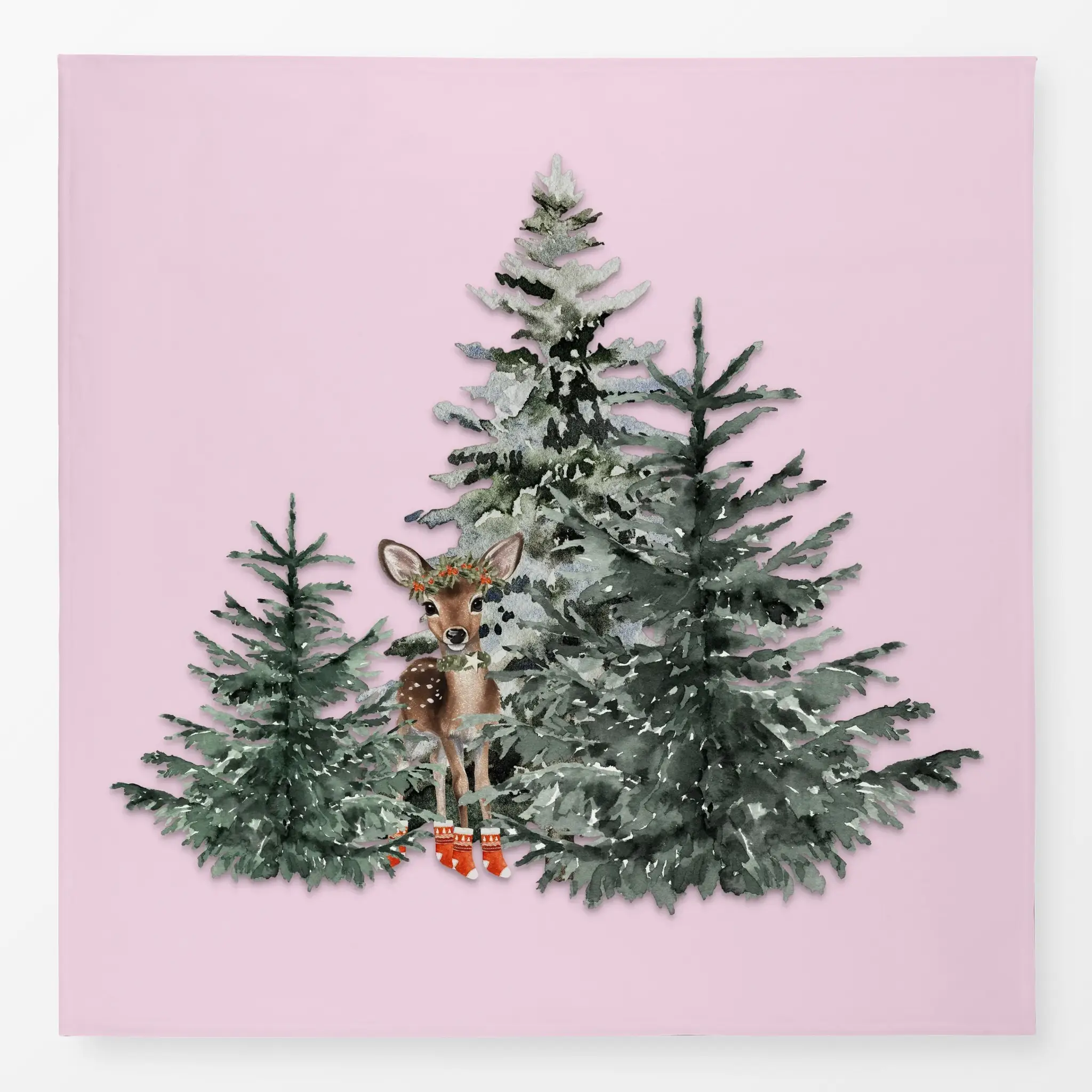 Tischdecke Kleines Reh im Wald Pink - Tiere, Weihnachten - von „Monika Strigel"; Wald, Tannenbaum, Weihnachten, niedlich, Hi...
