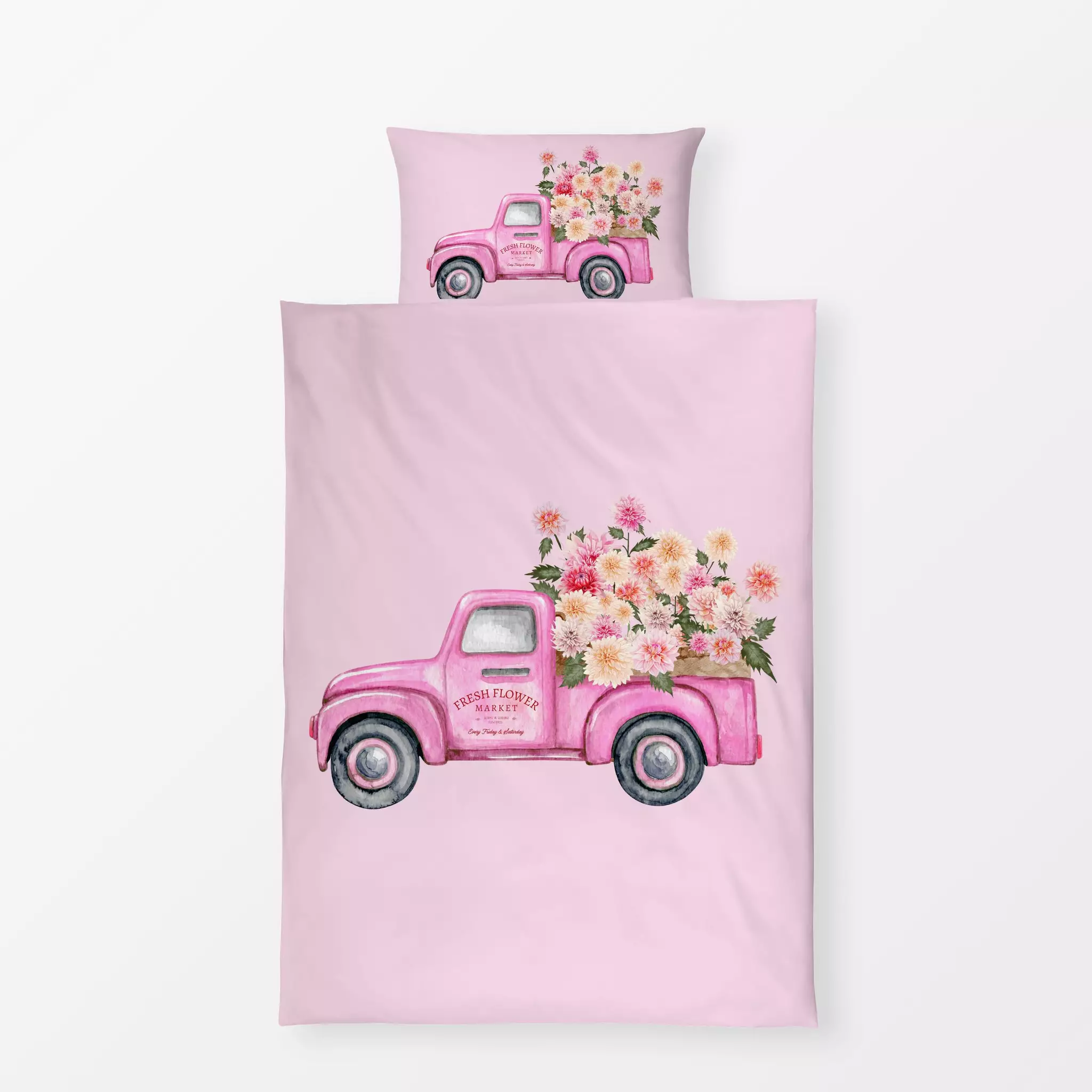 Bettwäsche Cottage Summer Truck 2 Pink - Blumen & Florales, Sommer, Retro & Vintage - von „Monika Strigel"; Blüten, niedlich...