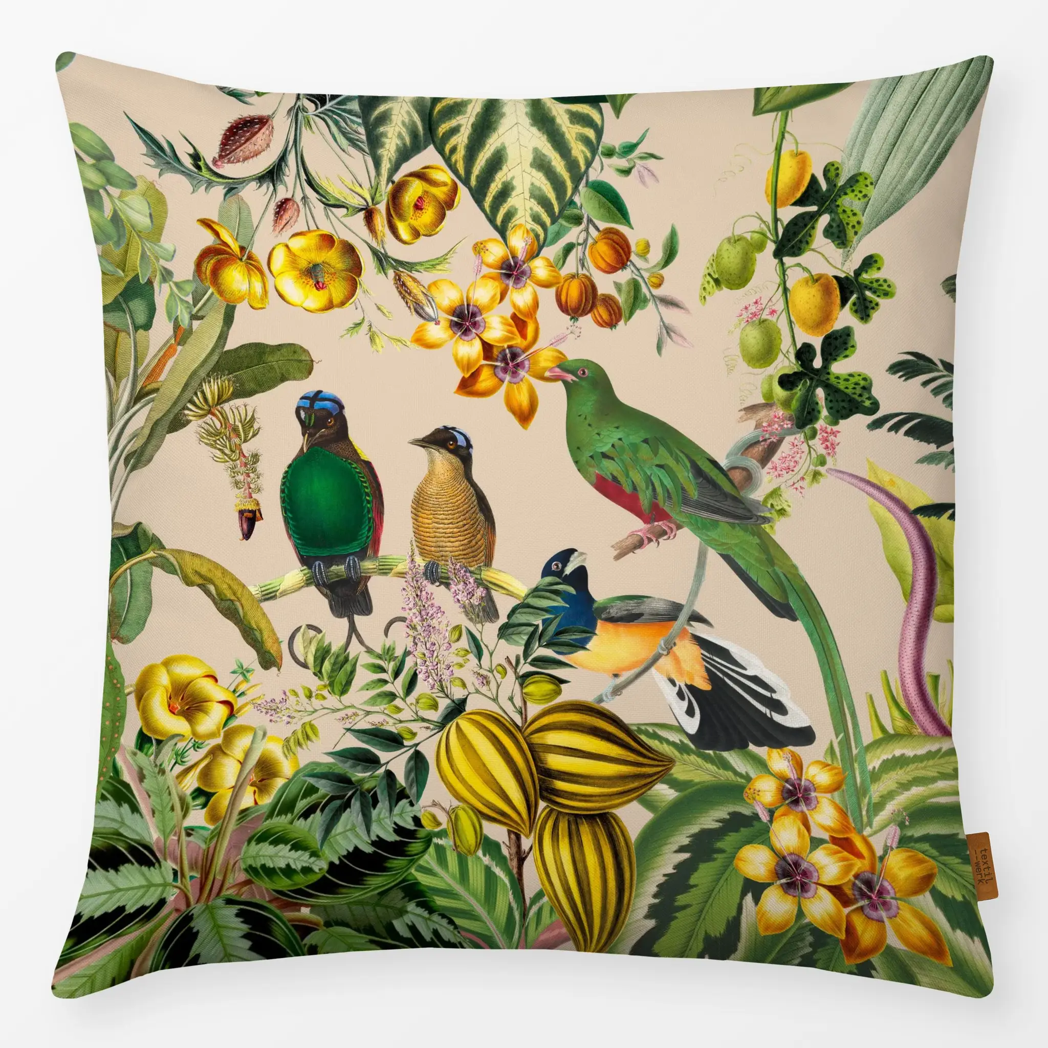 Kissen Exotischer Dschungel beige - Sommer, Tiere, Safari & Dschungel - von „Uta Naumann"; Natur, Blumen, Palmen, Garten, tr...