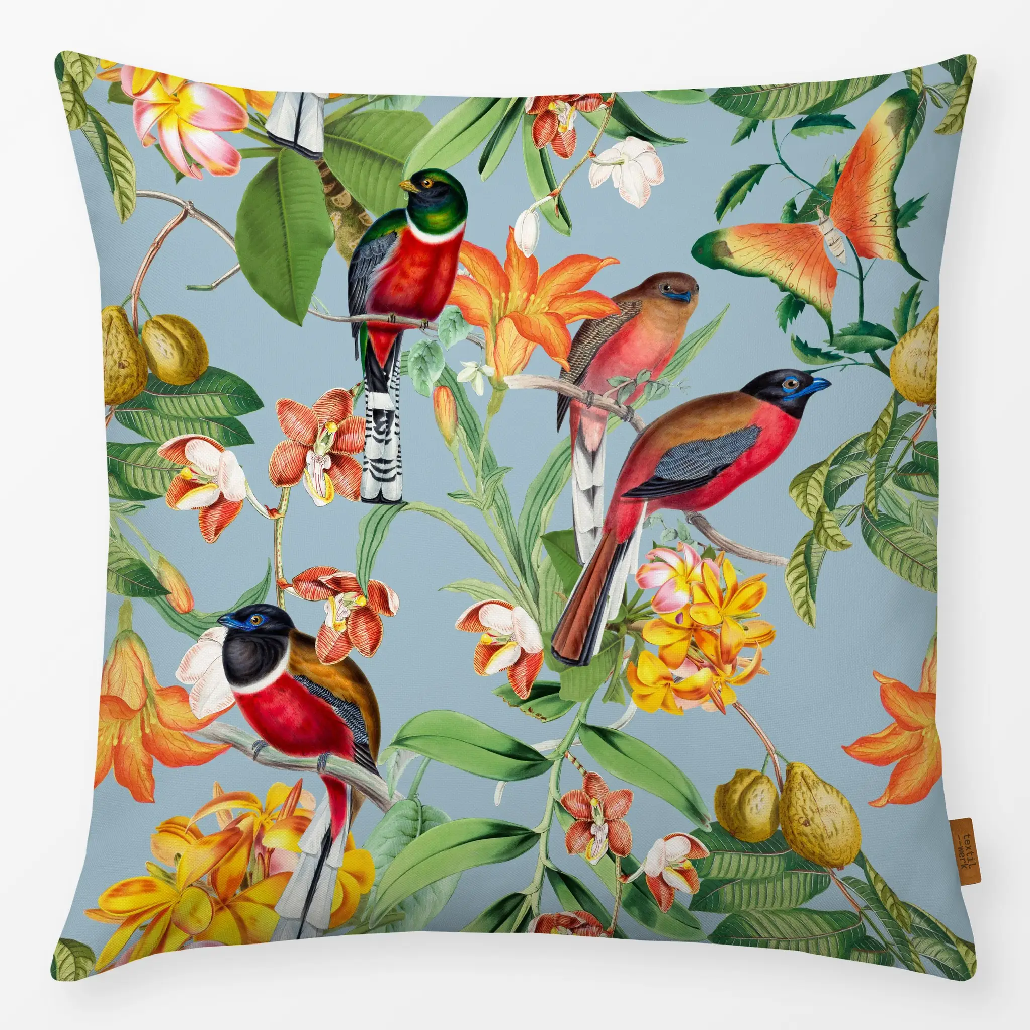 Kissen Bunte tropische Vögel blau - Sommer, Safari & Dschungel - von „Uta Naumann"; Natur, Sommerblumen, Dschungle, Vogel, t...