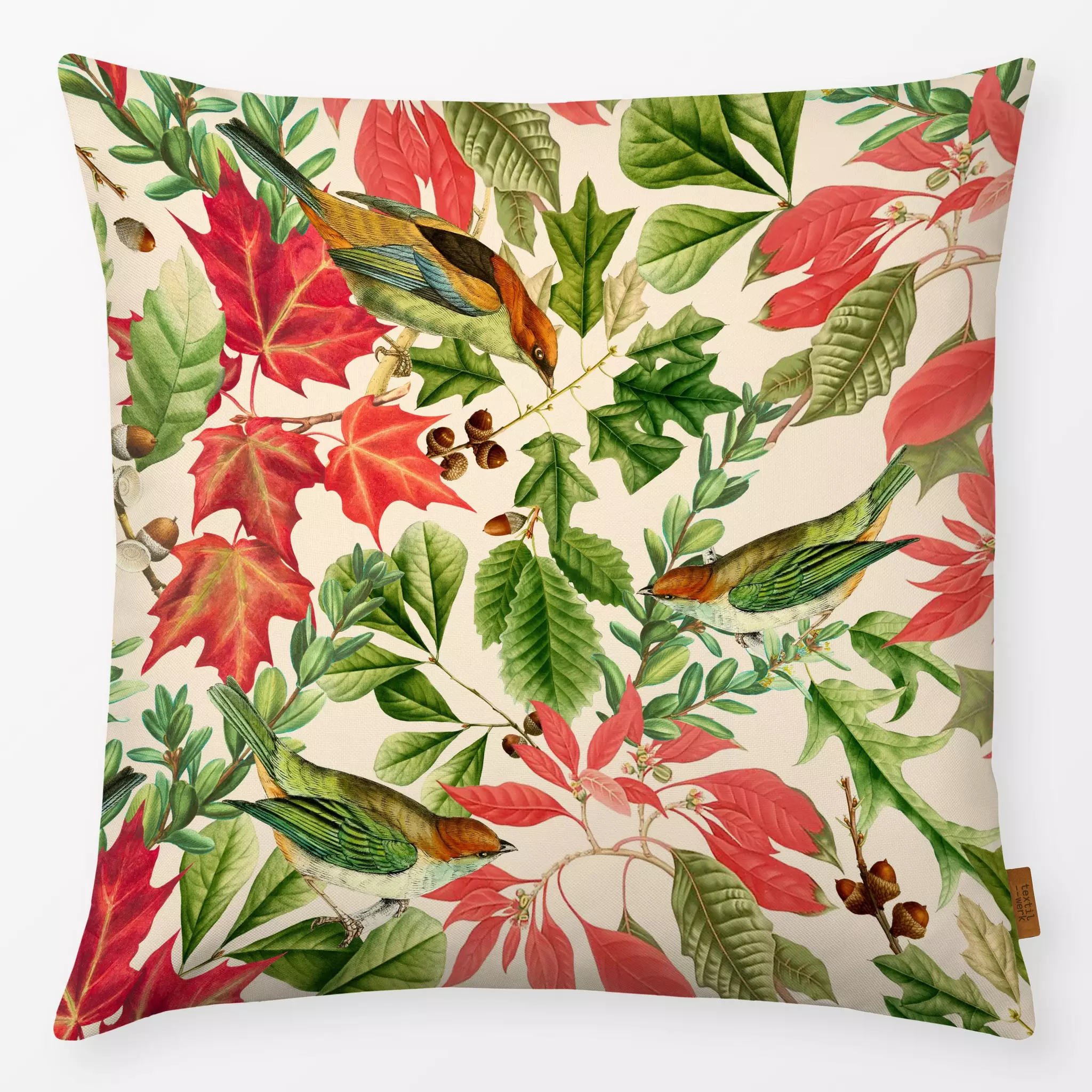 Kissen Roter Herbst beige - Blumen & Florales, Herbst, Tiere - von „Uta Naumann"; Muster, Blätter, Garten, Vogel, vintage, H...
