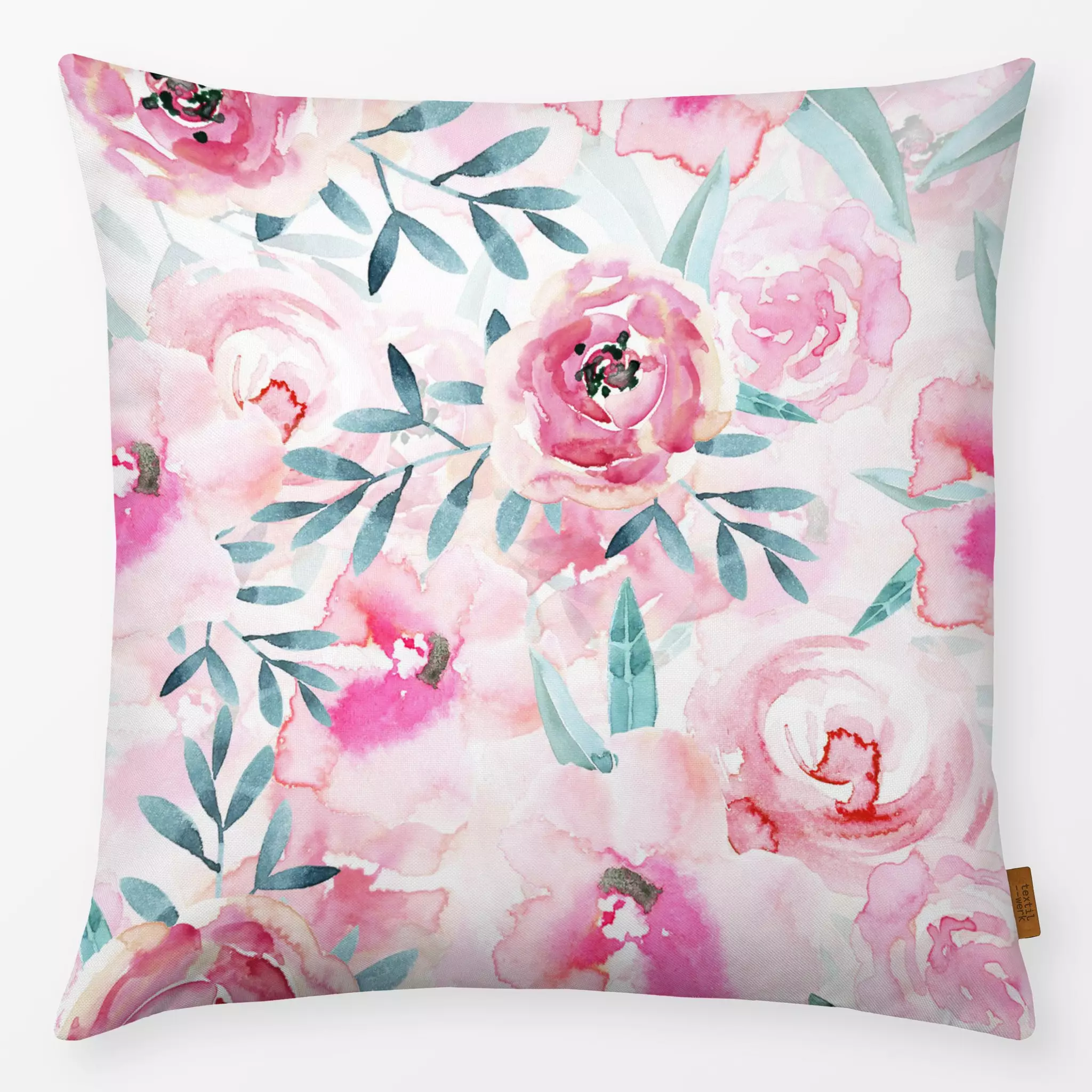 Kissen Rosen und Eucalyptus - Blumen & Florales, Sommer - von „Uta Naumann"; Muster, Wasserfarben, skandinavisch, Blumen, Eu...