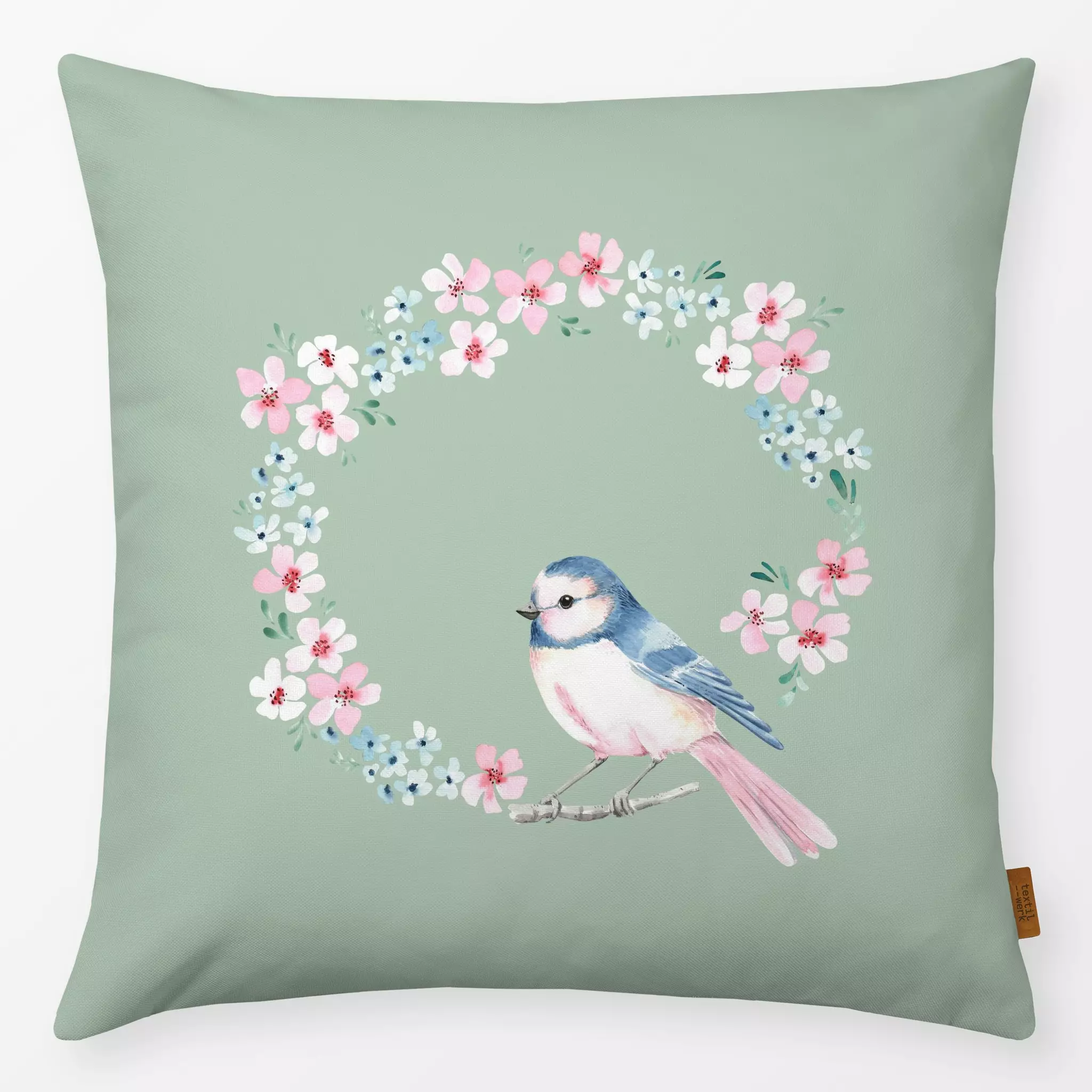 Kissen Kissen Blumenkranz Vogel grün
