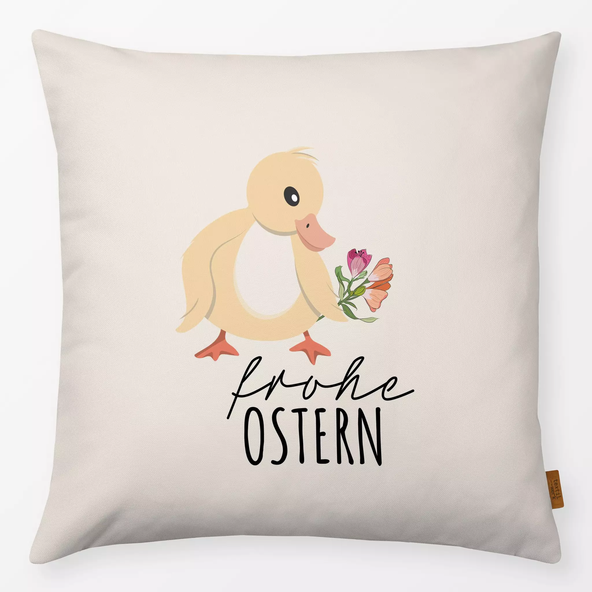 Kissen Frohe Ostern Küken mit Blumen - Frühling, Tiere - von „Kantioler Design"; Blumen, Haus - & Bauernhoftiere, Tiere, Ost...