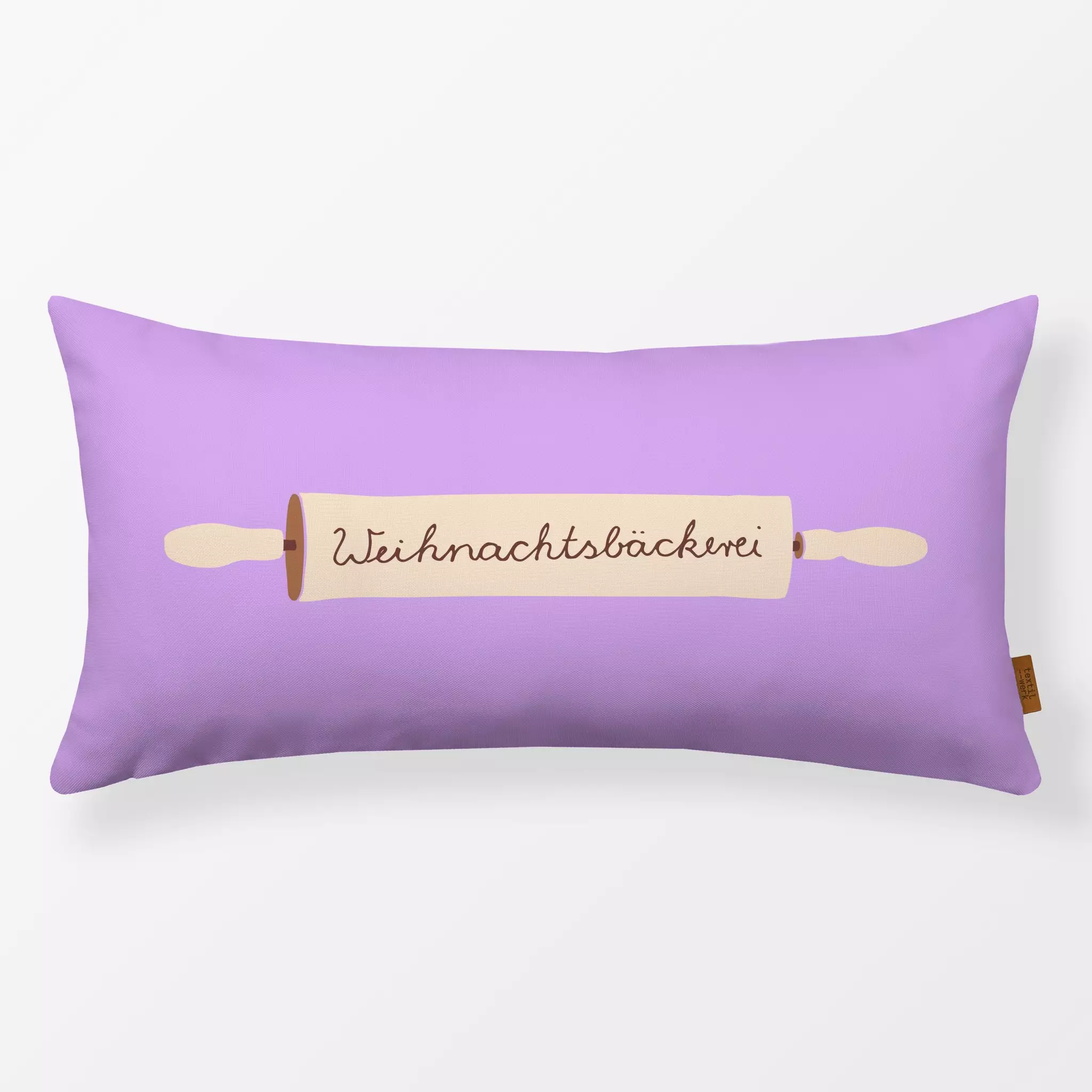 Kissen Nudelholz lila - Sprüche & Schriftzüge, Winter - von „Julia Schumacher"; Winter, Backen, Handschrift, Weihnachtsbaeck...