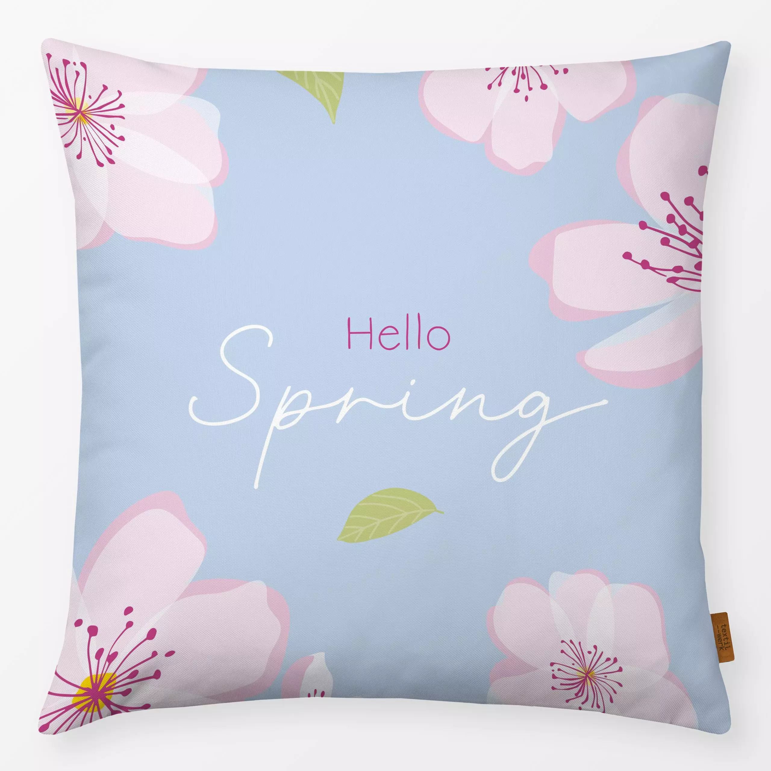Kissen Hello Spring hellblau - Blumen & Florales, Frühling, Ostern - von „Carolin Vonhoff"; Blumen, Blüten, Ostern, typograf...