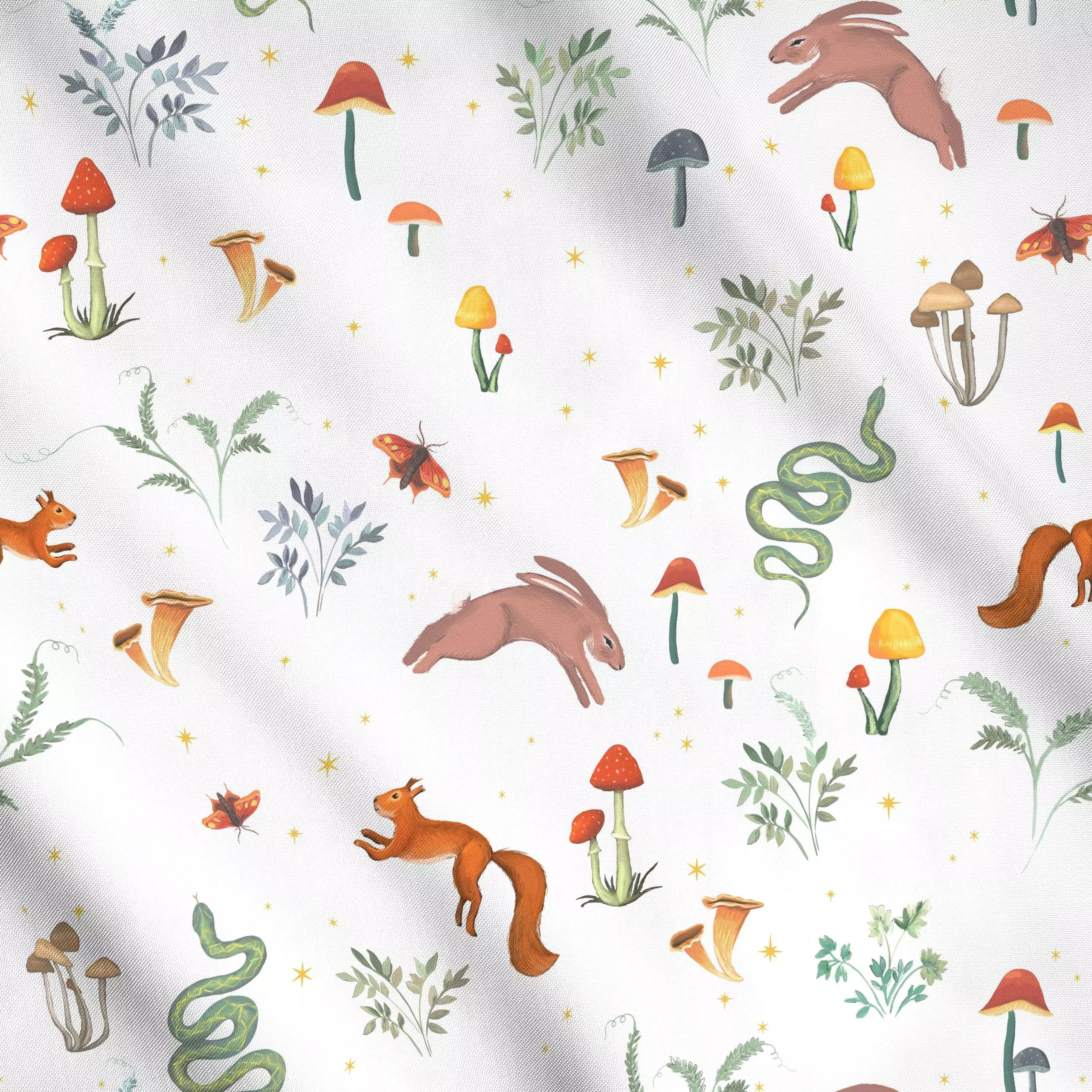 Meterware Woodland (light) - Herbst, Tiere - von „Verena Klöpper"; Motte, Wald, Hase, Eichhörnchen, woodland, pilze, squirre...