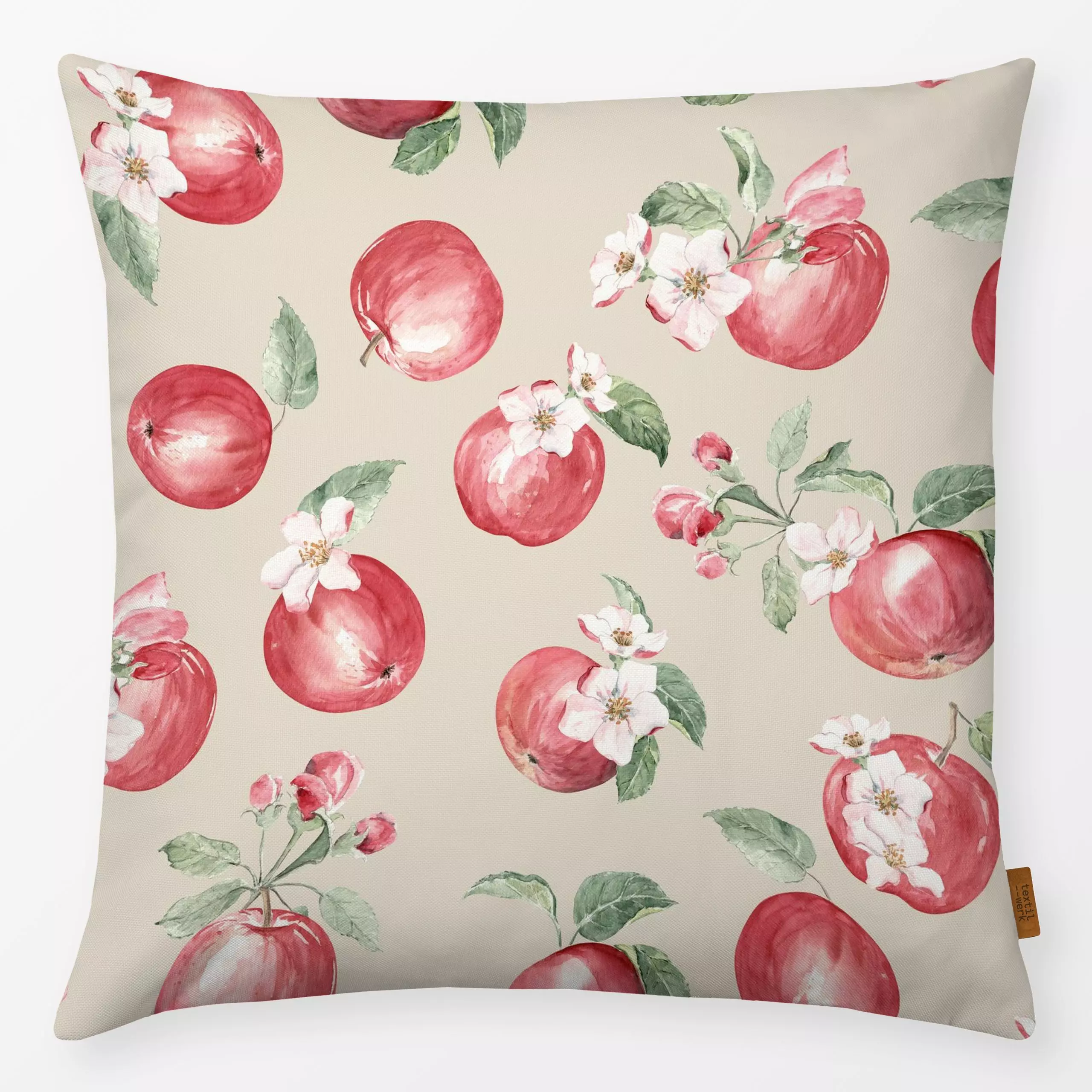 Kissen Apfel Blüte warm beige - von „Katrin Graff"; Obst, Natur, Blüten, Apfel, Birne, Herbst, landhaus, Ernte, herbstlich, ...