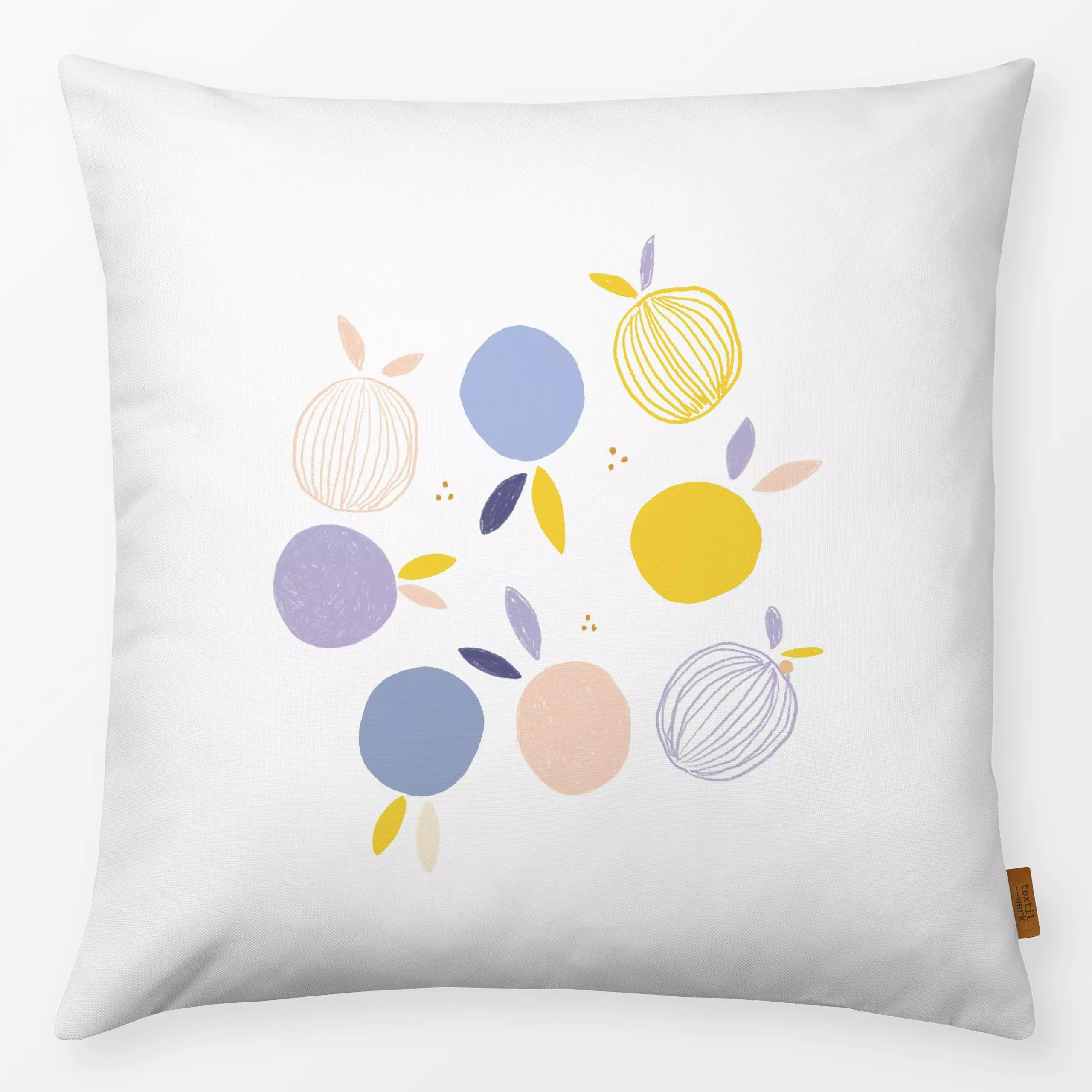 Kissen Sommer Vibes Orangen - Früchte - von „Lena Yokota"; Obst, Illustration, Blaugrau, Kinderzimmer, gelb, orangen