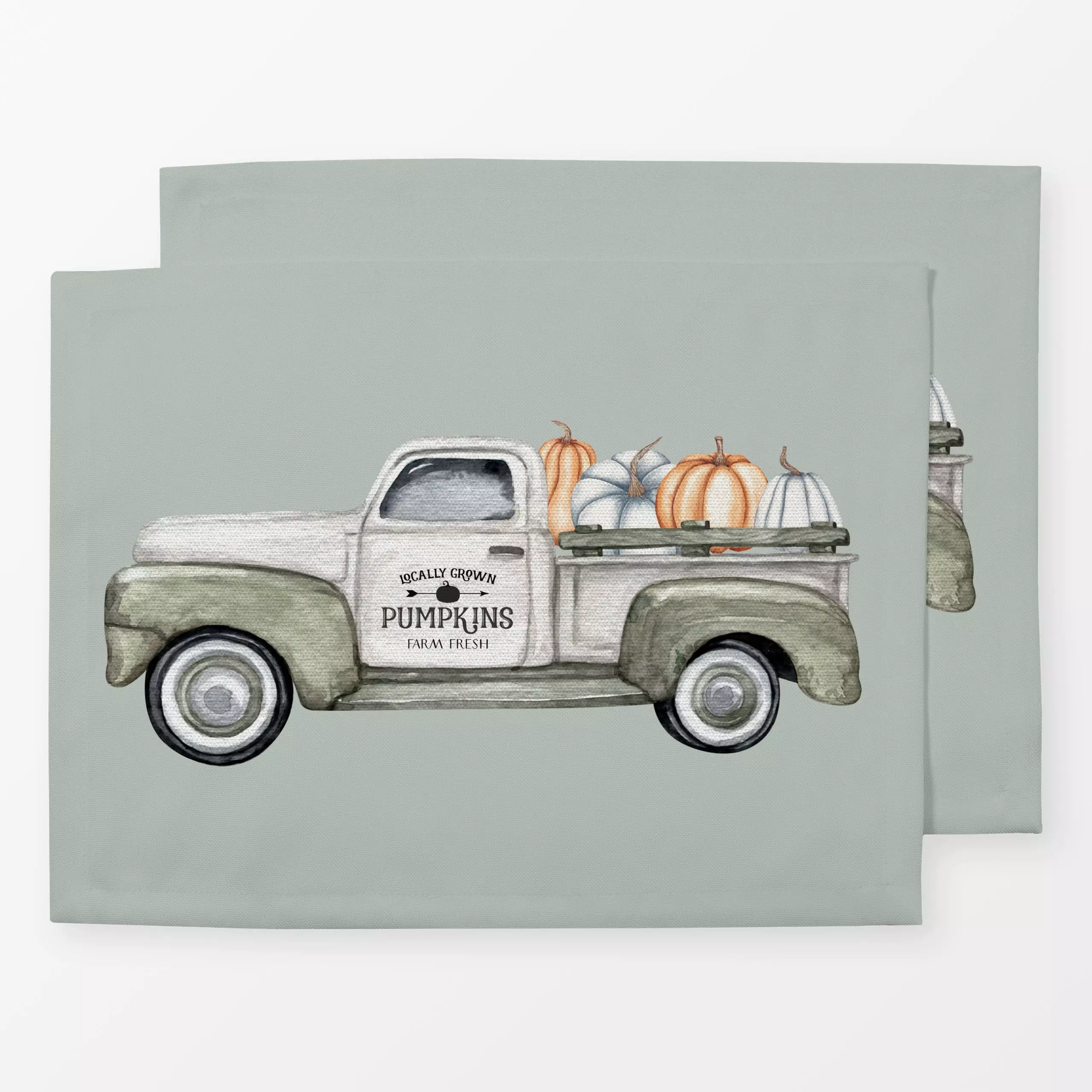 Tischset The Pumpkin Truck Green - Herbst, Retro & Vintage, Gemüse - von „Monika Strigel"; Wasserfarben, Herbst, shabby, lan...