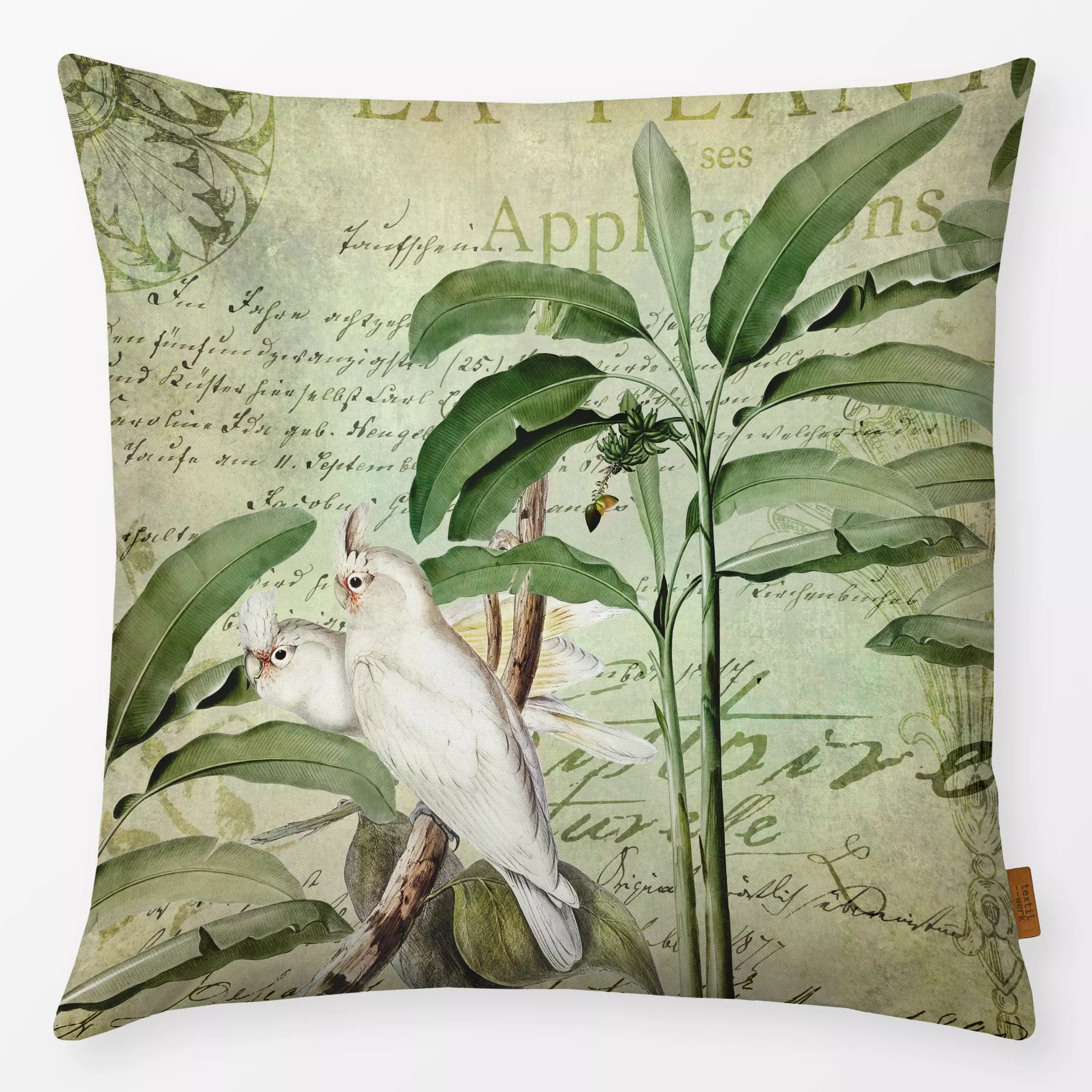 Kissen Kakadus im Tropenparadies 3 - Tiere, Pflanzen & Botanik, Retro & Vintage - von „Andrea Haase"; Palmen, Vogel, Kakadu,...