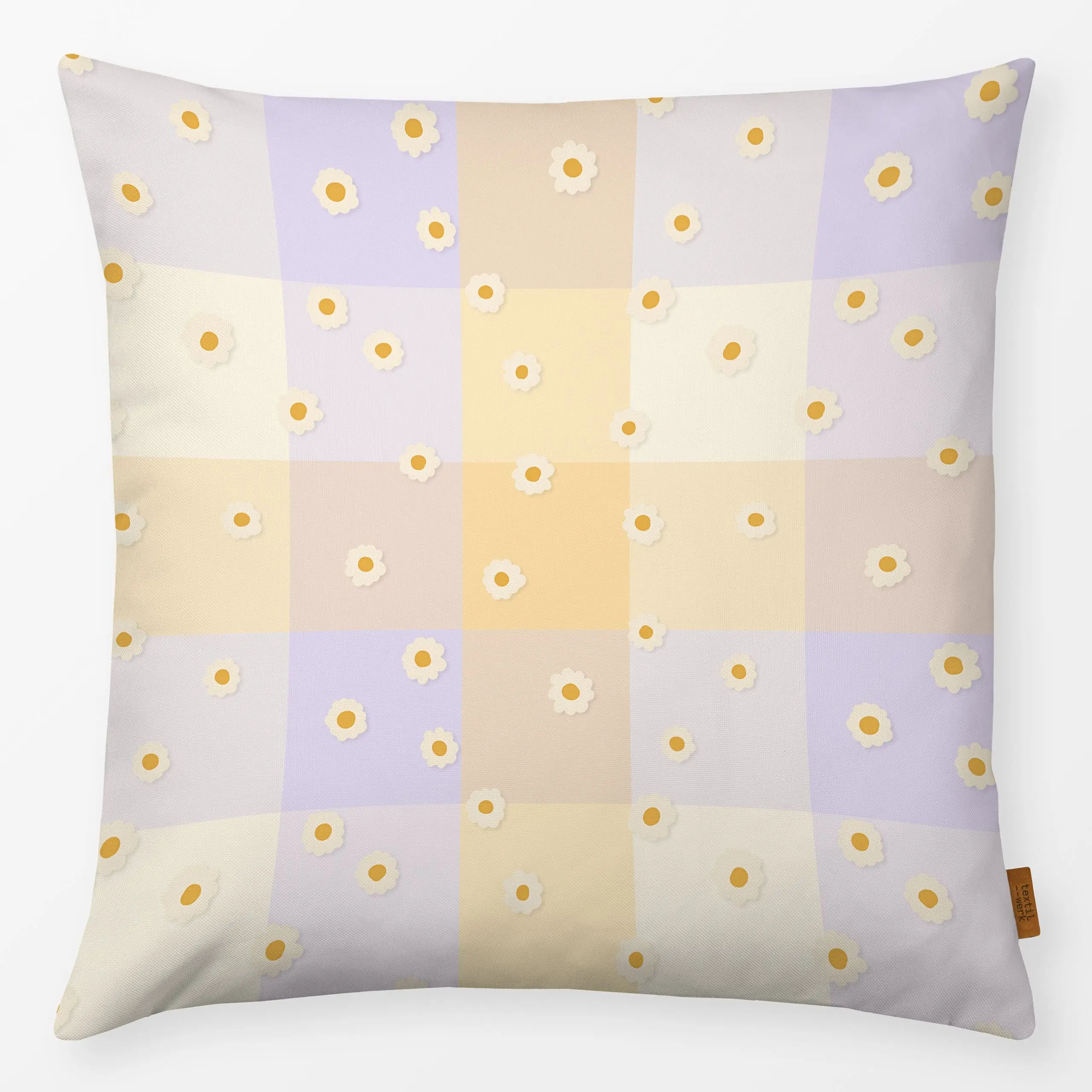 Kissen Kariert mit Blumen Pastel - Frühling, Symbole & Muster - von „Monika Strigel"; niedlich, landhaus, gelb, pastel, lila...
